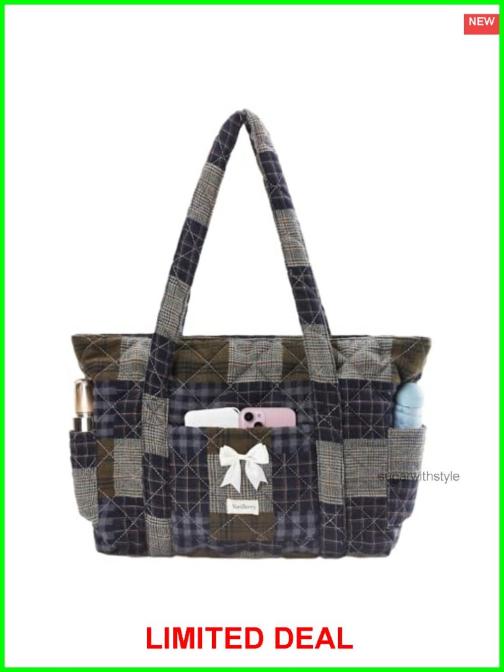 Quilted Floral Tote Bag with Zipper Bow Cotton Patchwork Shoulder Bag